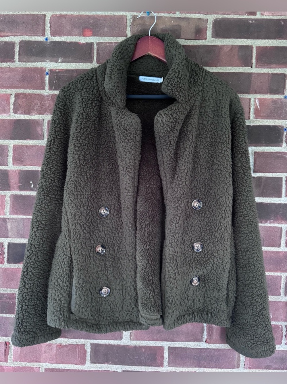 Miss Sparkling Teddy Fleece Jacket Olive Green Double Breasted Coat Women Small